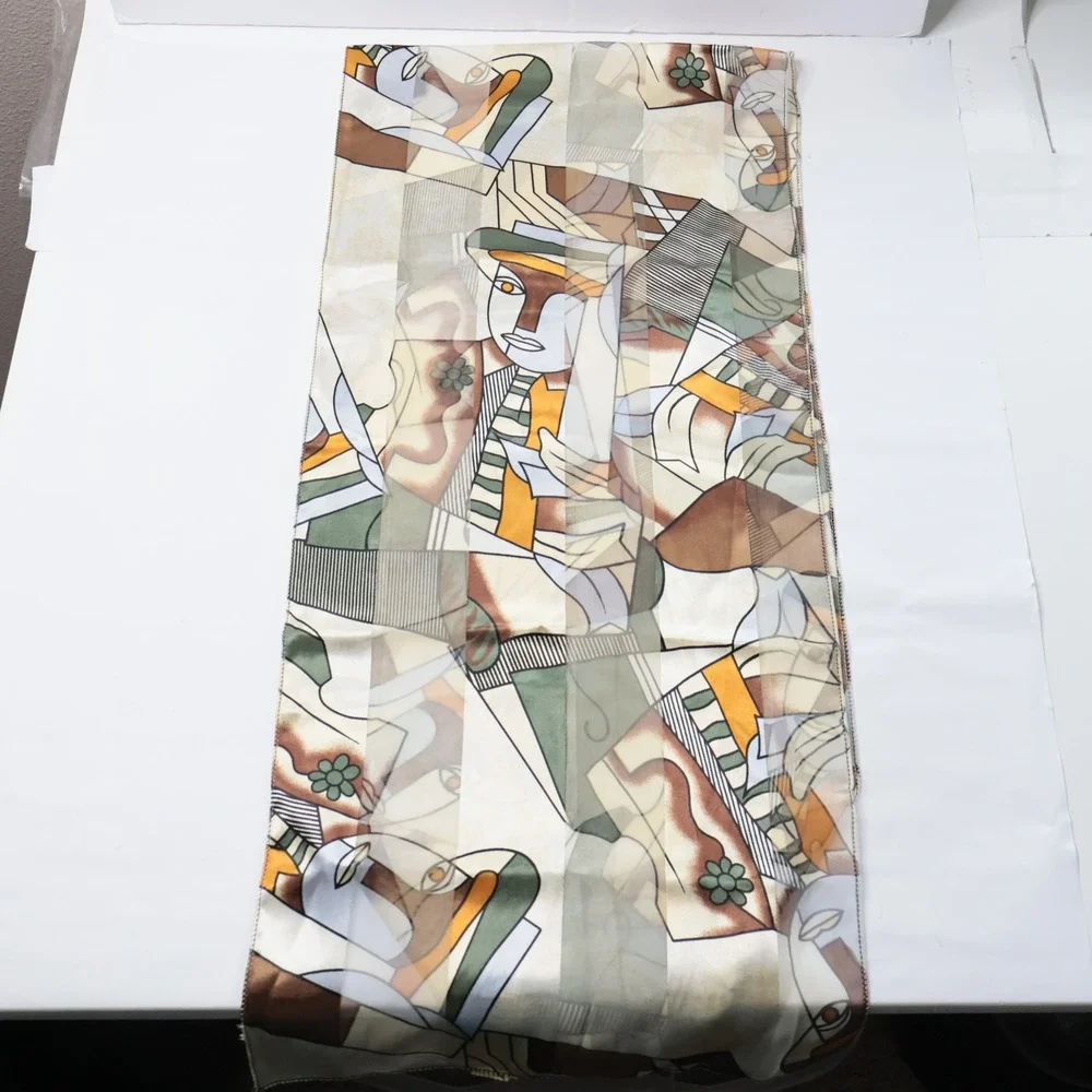 Vintage‎ Abstract Face Cubist Art Scarf Sheer Geometric Earth Tones 13x60